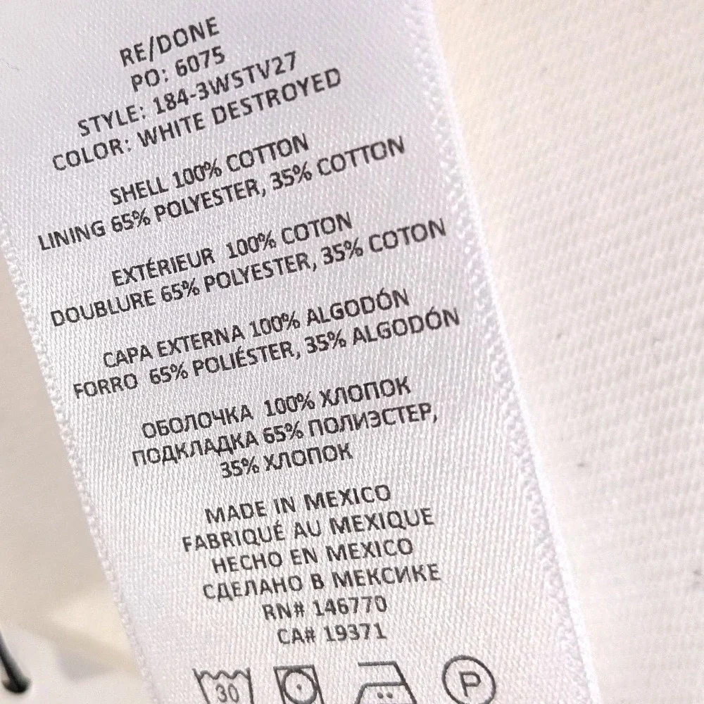 $295 NWT RE/DONE 70s Stove Pipe Jeans White Destroyed Distressed Straight Leg 24